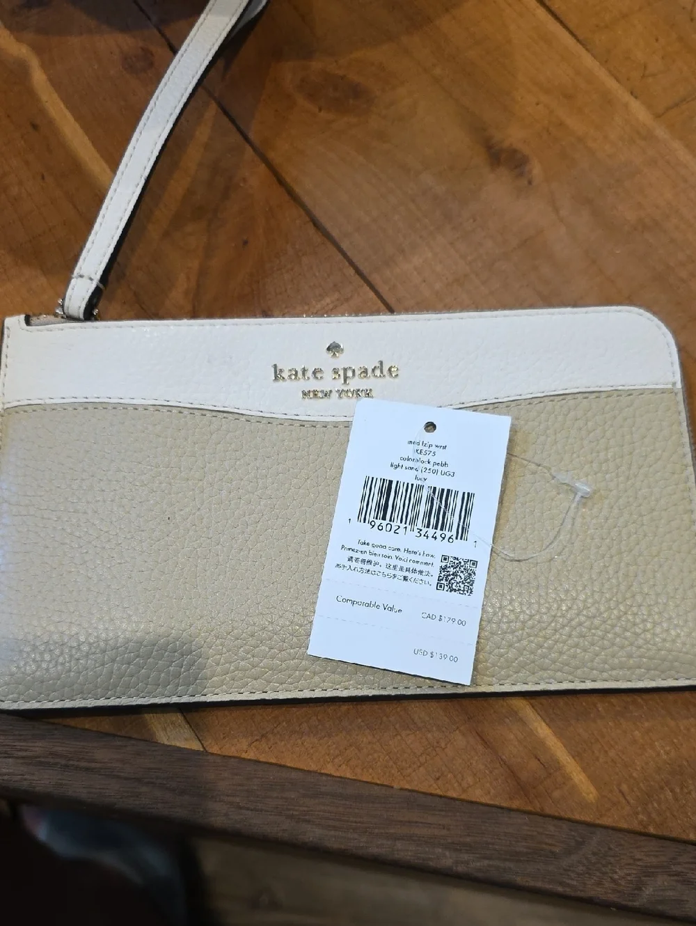 Kate spade , medium zip wristlet in color block pebble leather light sand lucy